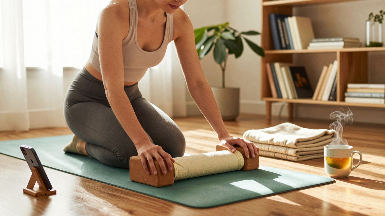 Mulher enrolando tapete de yoga em sala iluminada, com celular, chá quente e toalhas ao fundo.