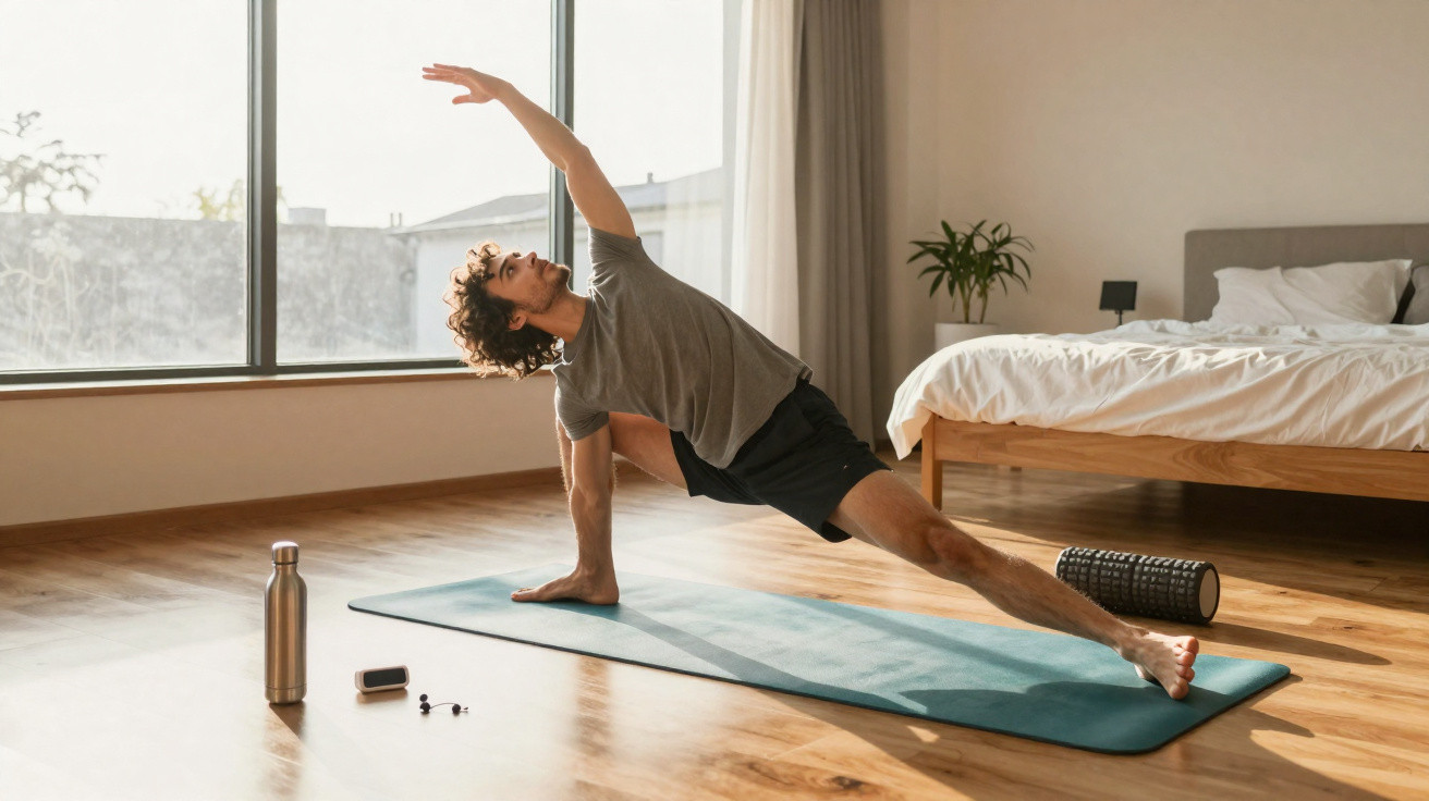 Homem fazendo alongamento em tapete de yoga em quarto iluminado pela luz natural.