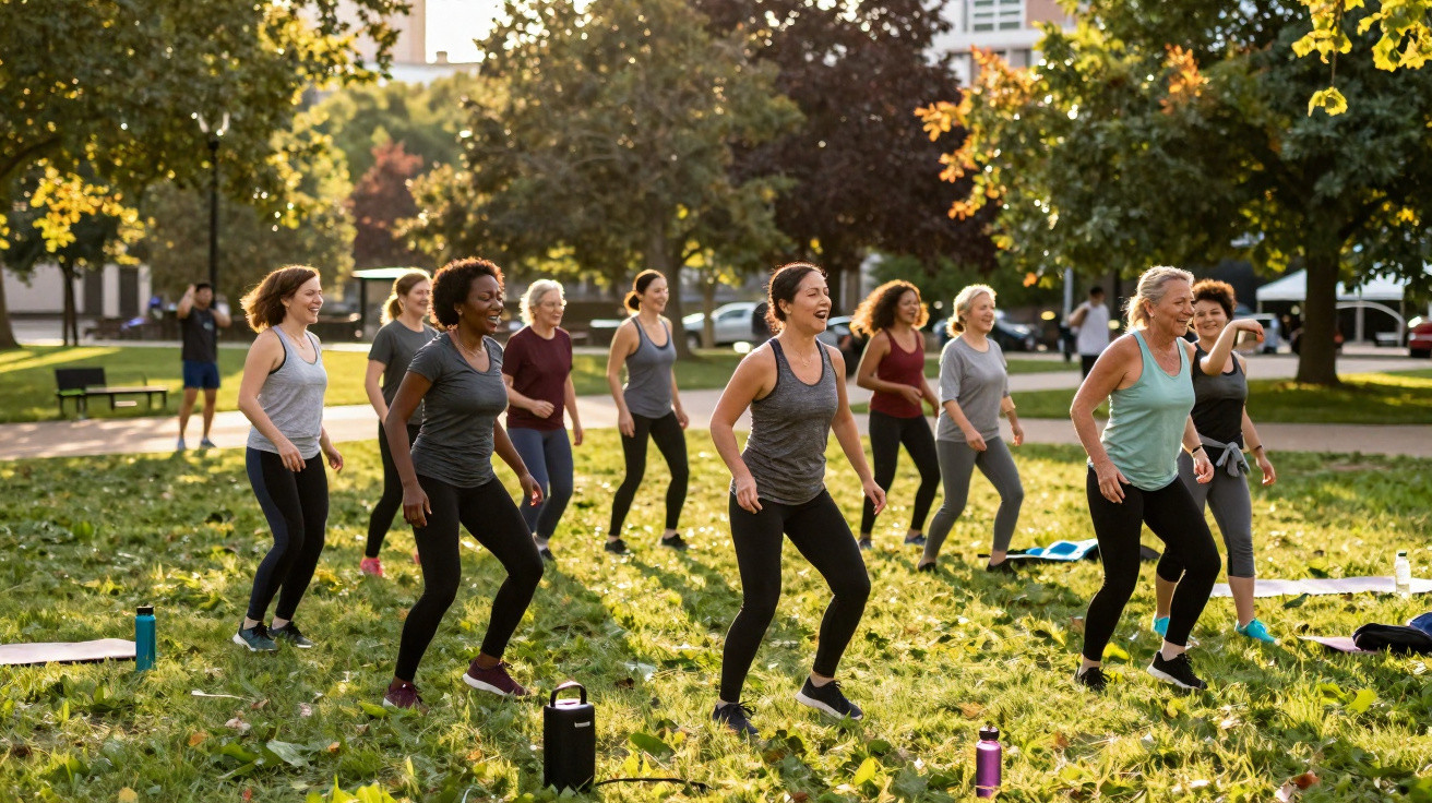 Grupo diversificado de mulheres praticando exercícios ao ar livre em um parque ensolarado.