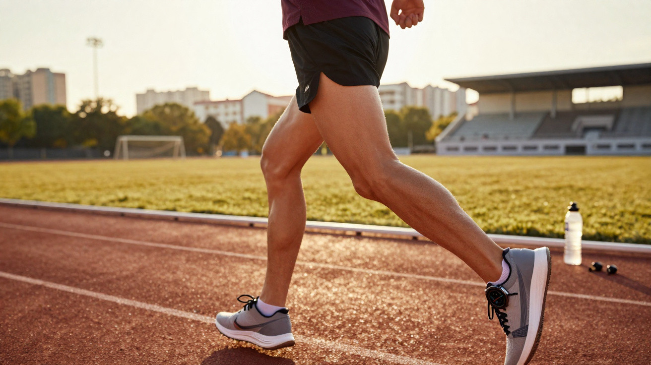 Pernas de pessoa correndo na pista de atletismo ao ar livre durante o dia ensolarado.