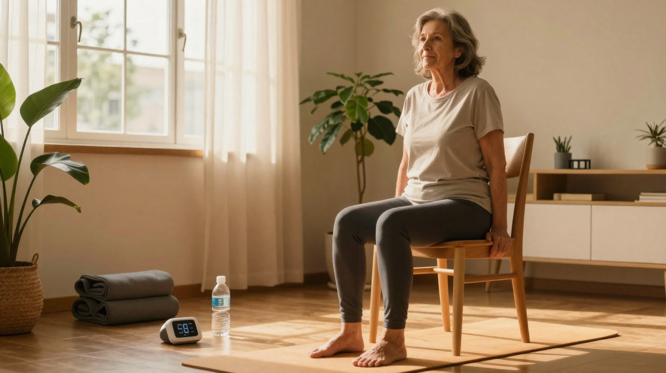 Mulher idosa praticando exercícios sentada em cadeira em sala iluminada com plantas e relógio digital.