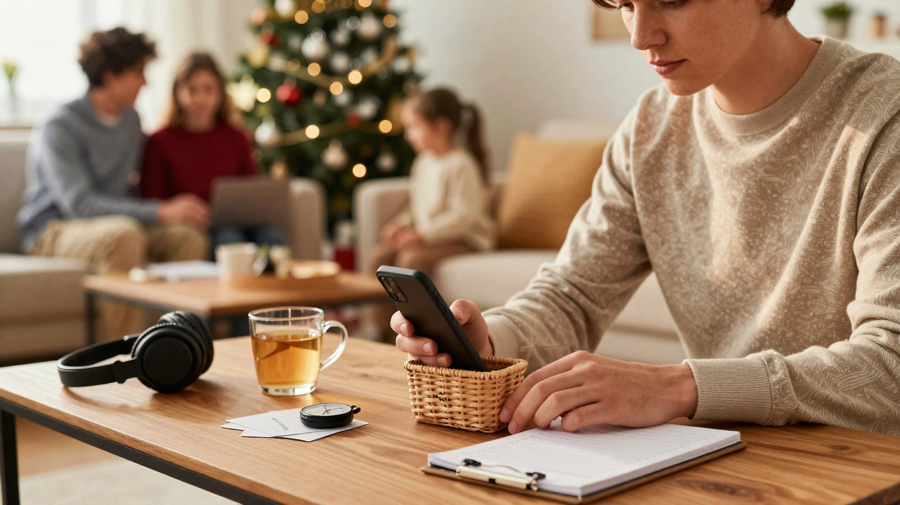Pessoa usando celular e escrevendo em prancheta, com família e árvore de Natal ao fundo em sala aconchegante.