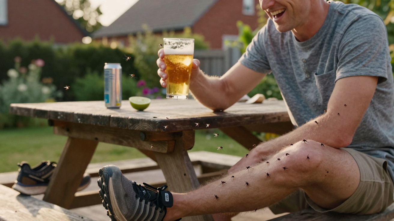 Homem sorridente com copo de cerveja na mão, cercado por mosquitos no jardim durante o dia.
