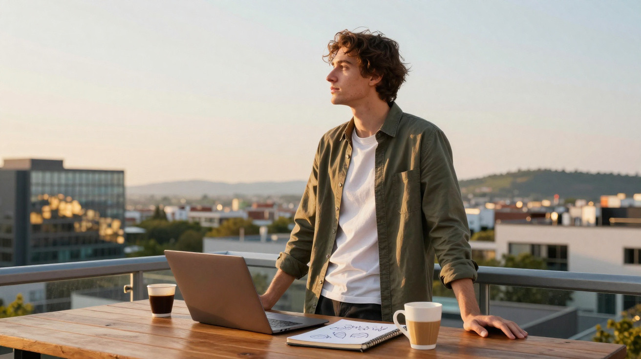 Jovem de camisa verde olhando para o horizonte com laptop e café em mesa externa no final da tarde.