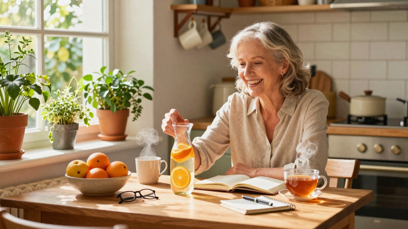 Mulher sorridente sentada à mesa na cozinha, com jarra de água com limão, chá, frutas e livro aberto.