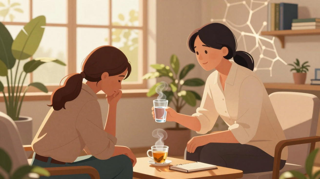 Duas mulheres conversando em ambiente acolhedor, uma oferece um copo de água quente para a outra.