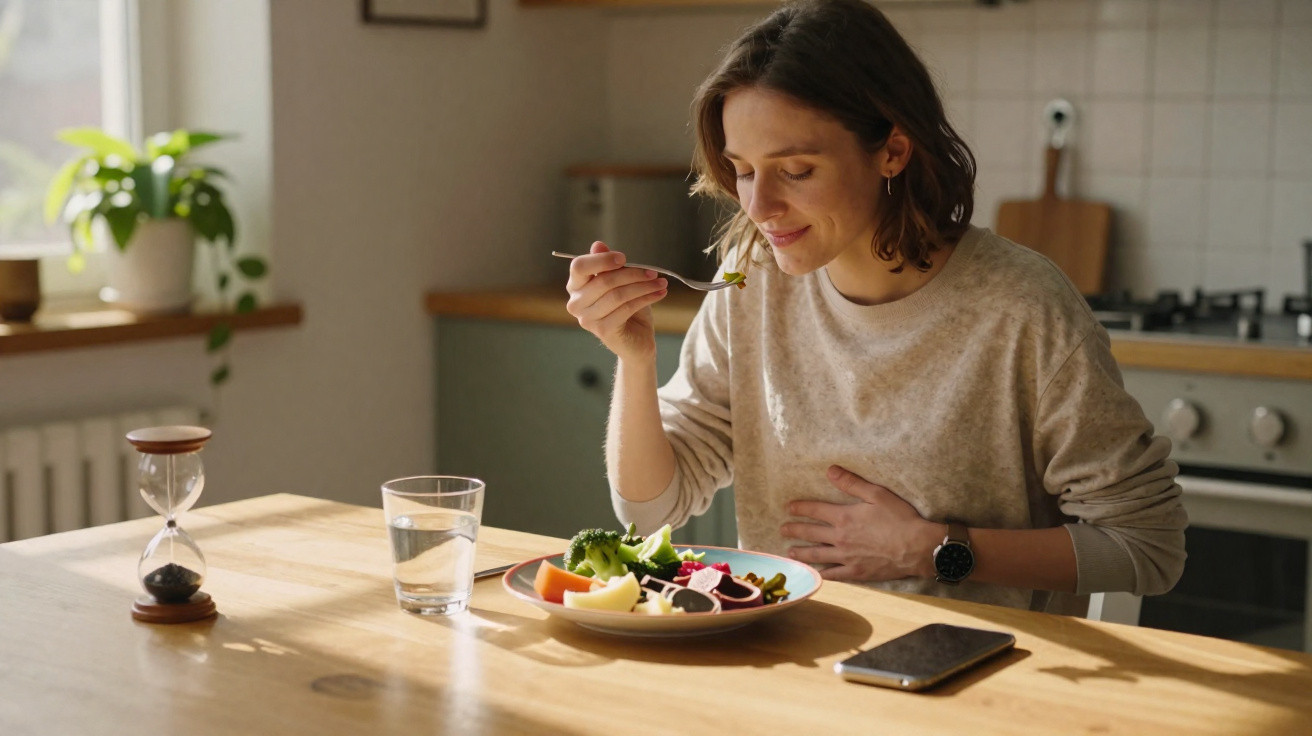 Mulher sorrindo enquanto come salada sentada à mesa com copo d'água e celular à frente.