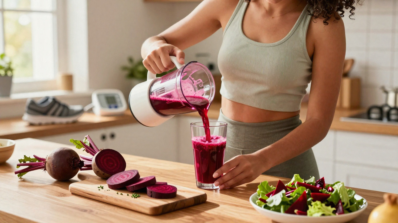 Mulher servindo suco de beterraba em copo na cozinha com beterrabas fatiadas e salada na mesa.