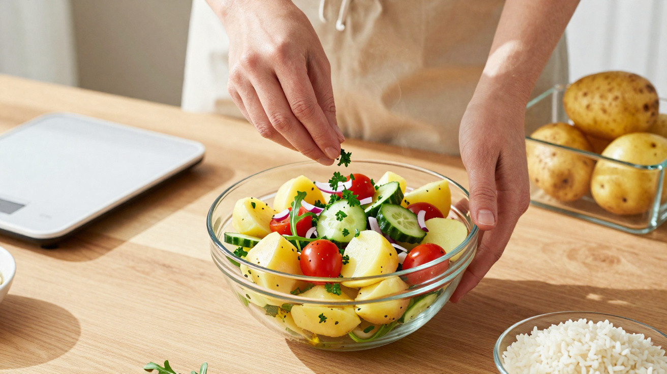 Mãos temperando salada com batata, tomate, pepino e cebola em tigela de vidro sobre mesa de madeira.