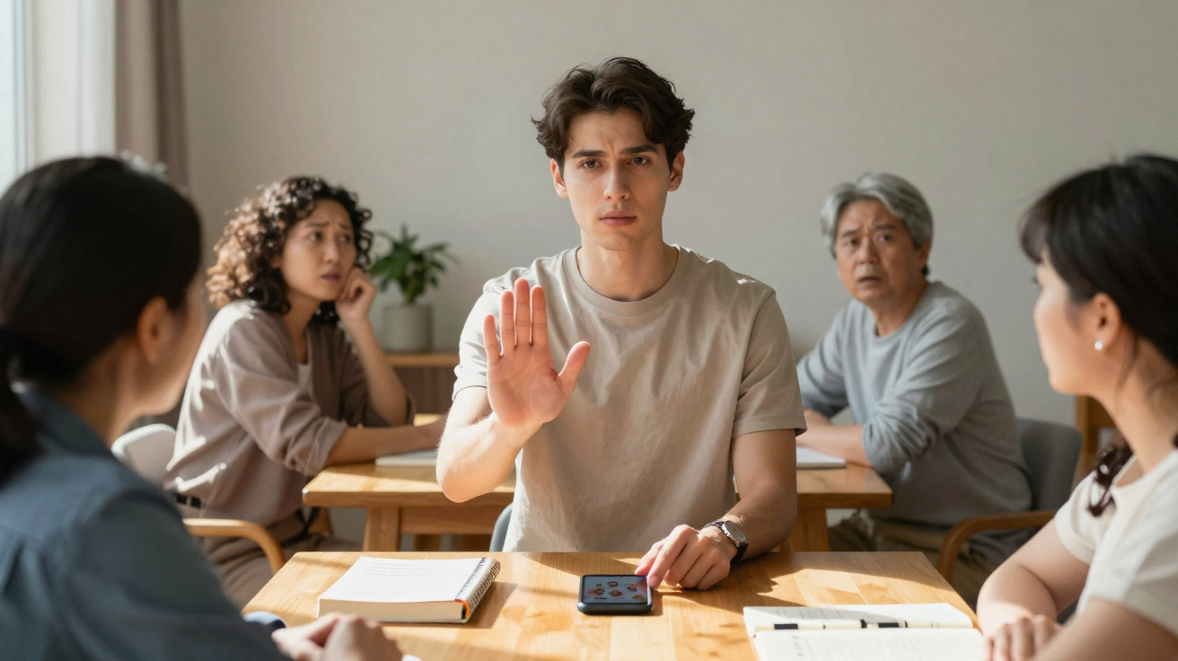 Jovem sentado à mesa sinaliza com a mão para pessoas em reunião, expressão séria.