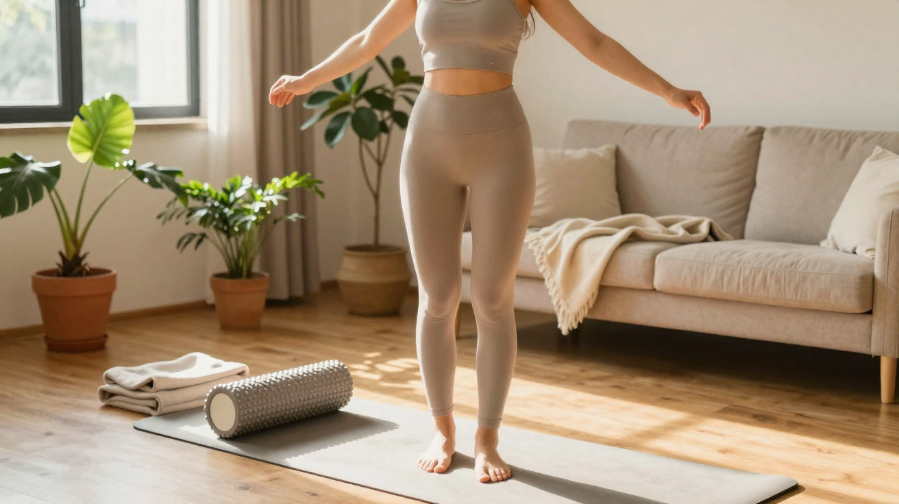 Pessoa em roupas de ginástica praticando exercício em tapete de yoga em sala iluminada e com plantas.