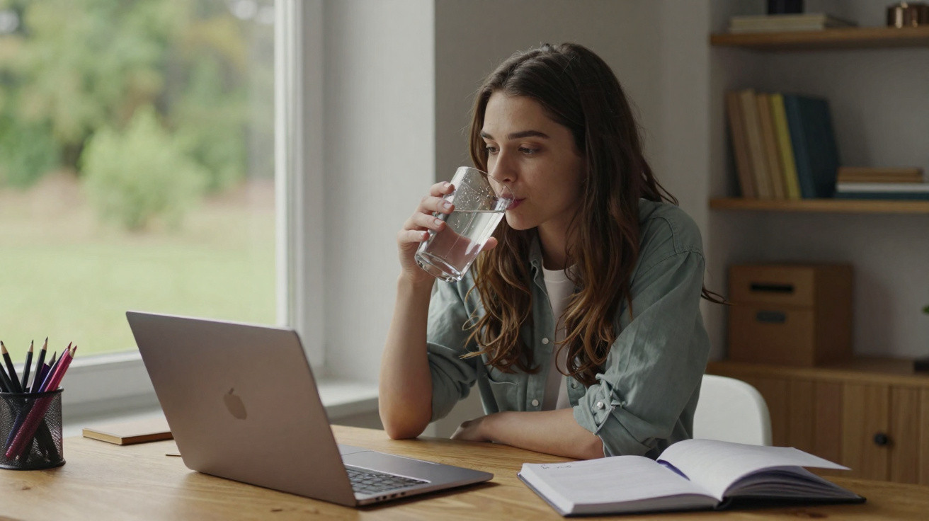 Mulher sentada à mesa, bebendo água e olhando para o laptop com caderno aberto ao lado.