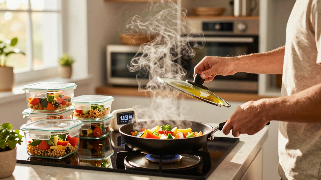Pessoa cozinhando legumes em frigideira no fogão com alimentos em potes plásticos ao lado em cozinha iluminada.