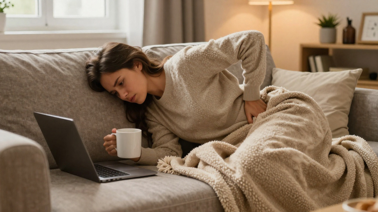 Mulher com expressão de dor nas costas, deitada no sofá com cobertor, segurando caneca e olhando para laptop.