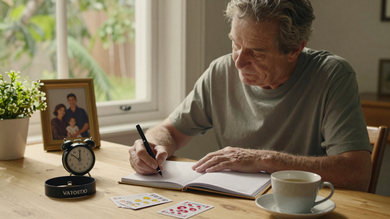 Homem idoso escrevendo em caderno na mesa com café, relógio, fotos de família e plantas ao fundo.