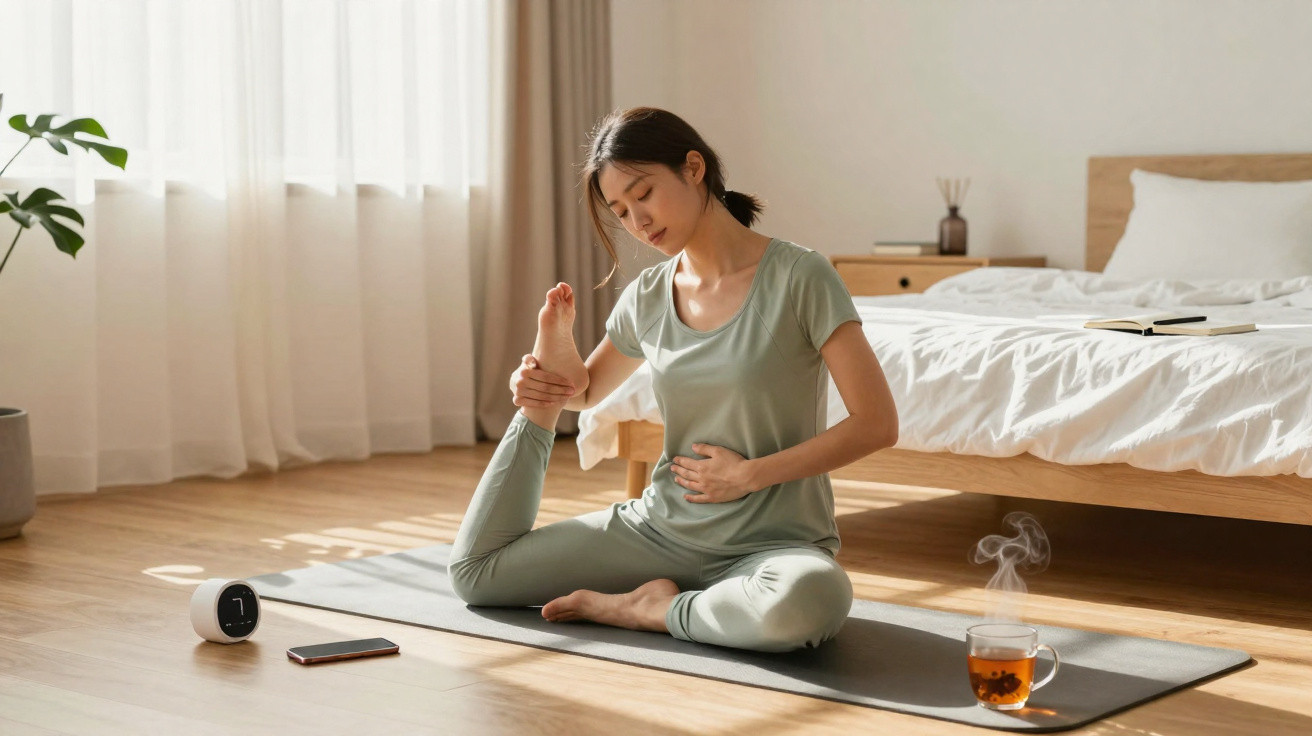 Mulher praticando yoga sentada em tapete na sala com xícara de chá e dispositivo eletrônico ao redor.