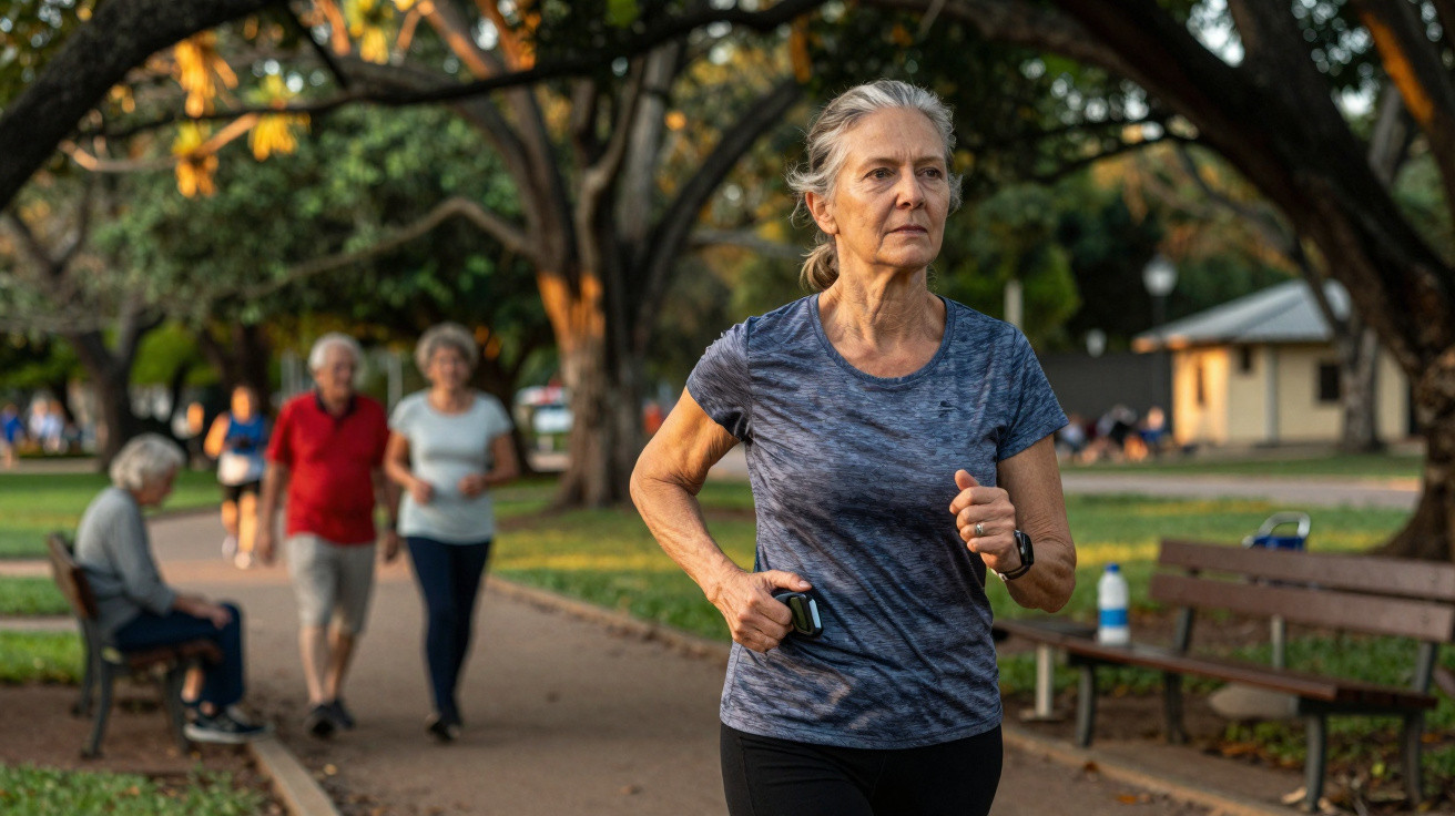 Mulher idosa correndo em parque com outras pessoas caminhando e sentadas ao fundo.