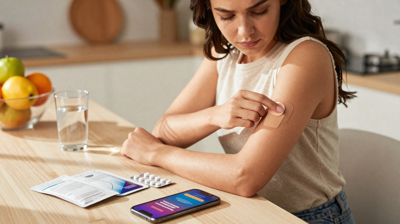 Mulher aplicando adesivo médico no braço, sentada à mesa com remédios e celular à frente.