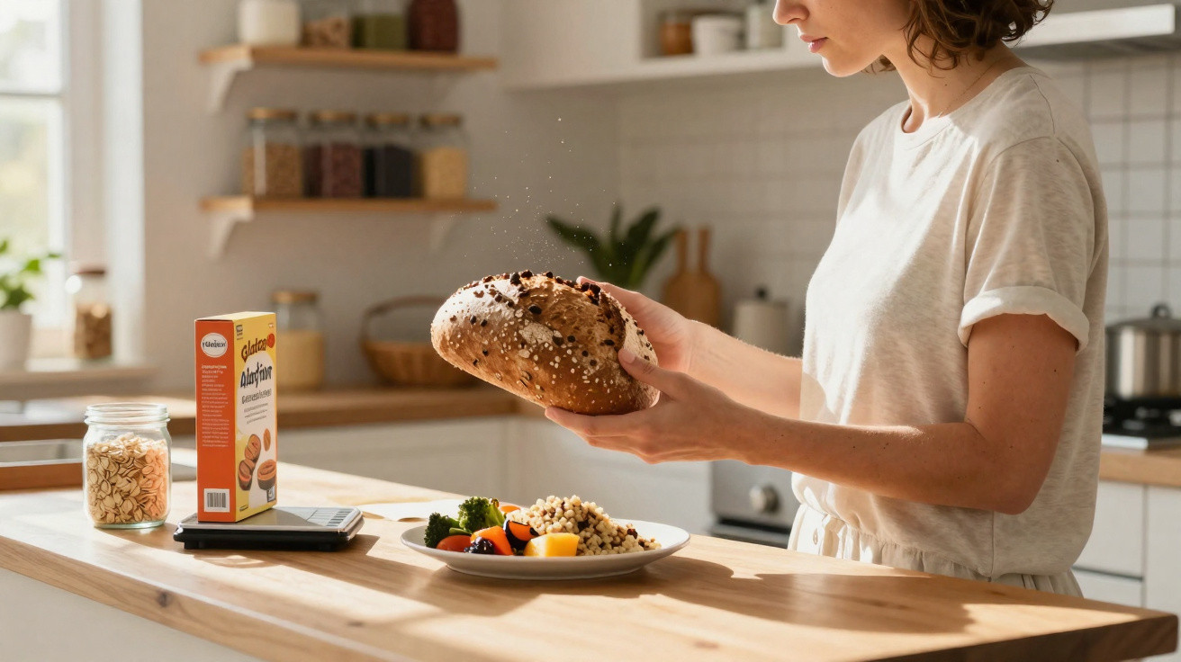 Mulher em cozinha segurando pão integral, com prato de comida saudável sobre bancada de madeira.