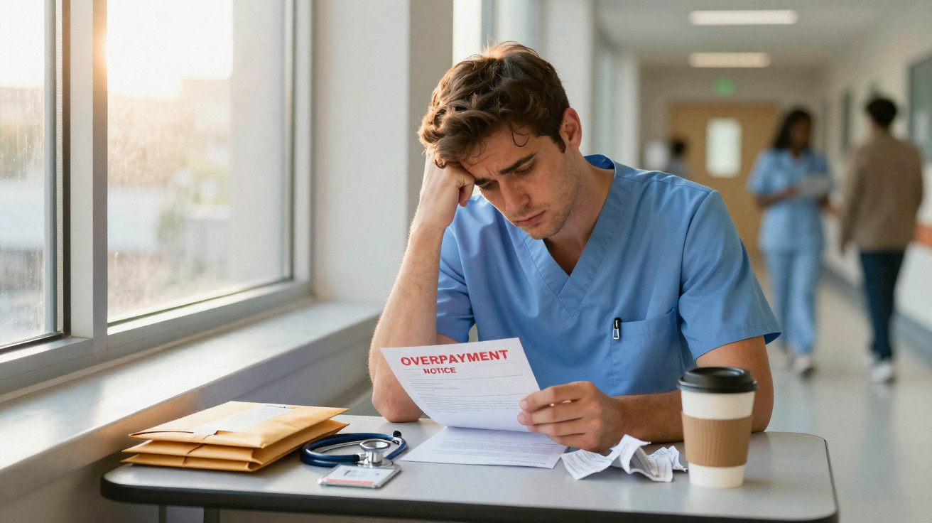 Homem vestido com roupa médica sentado olhando preocupado para uma carta de notificação de pagamento excessivo.