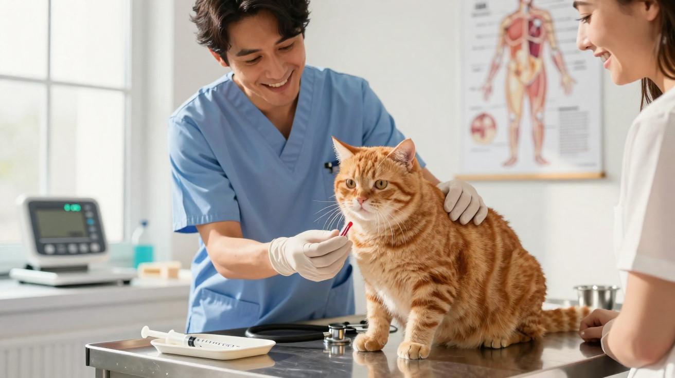Veterinário em uniforme azul examina gato laranja na mesa enquanto tutora observa sorrindo.