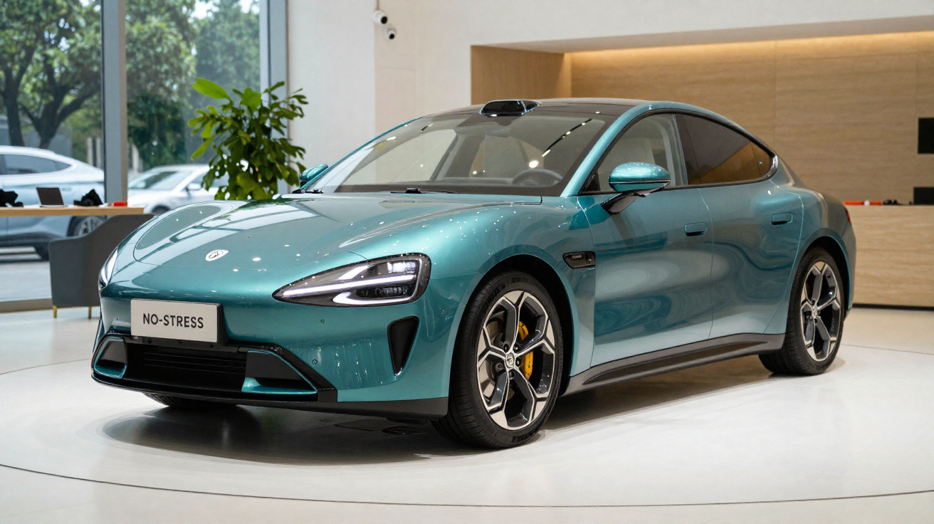 Carro elétrico azul metálico exposto em showroom moderno com iluminação clara e grande janela ao fundo.