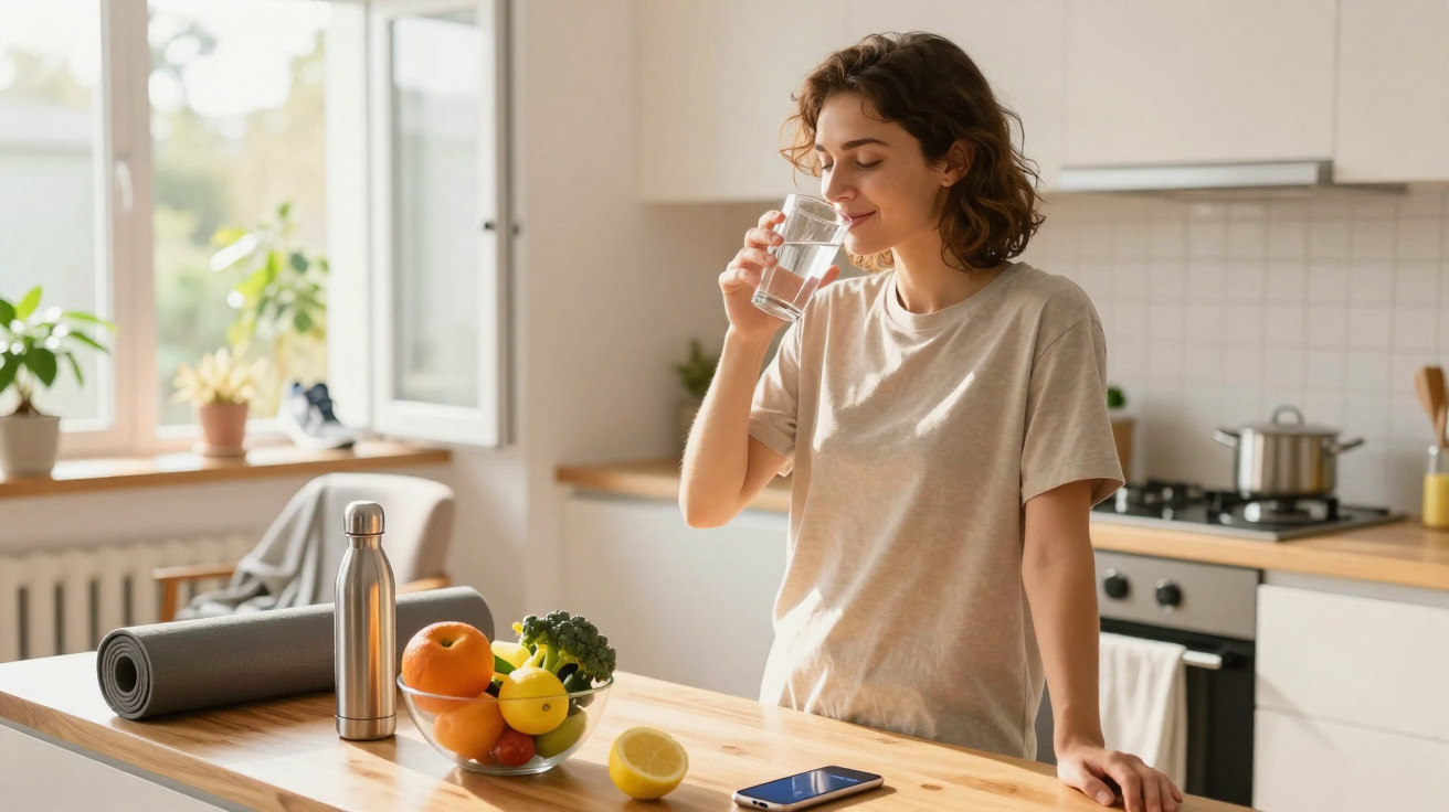 Mulher bebendo copo de água na cozinha, com frutas, garrafa térmica e tapete de yoga na mesa.