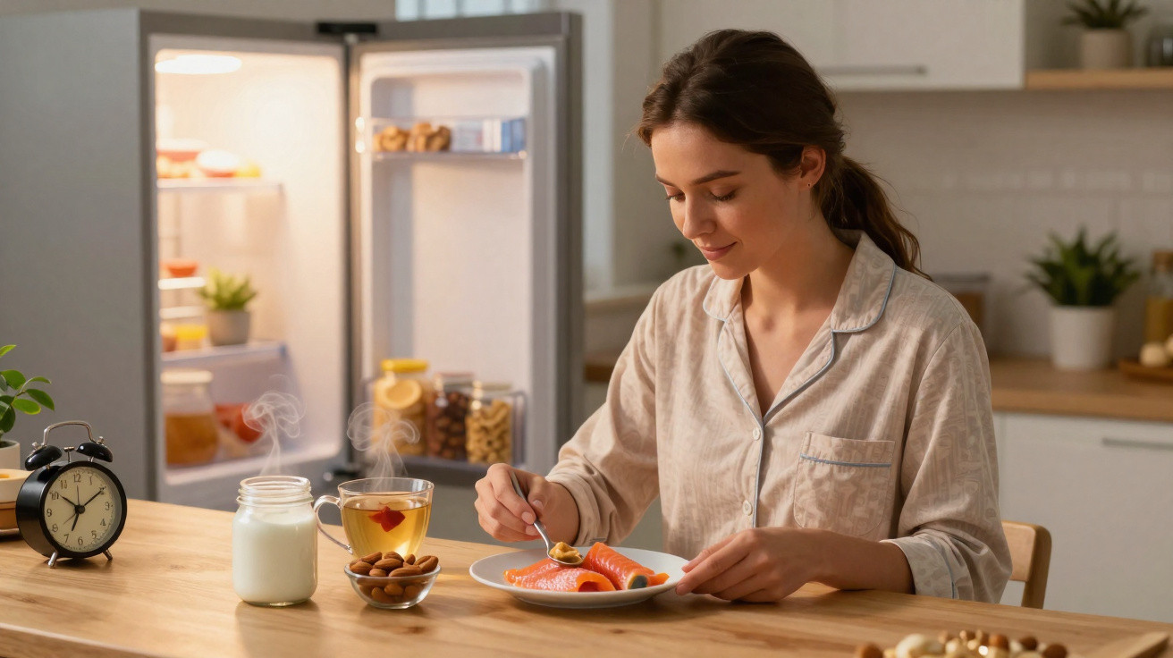 Mulher vestindo pijama tomando café da manhã com salmão, chá e leite em cozinha moderna.