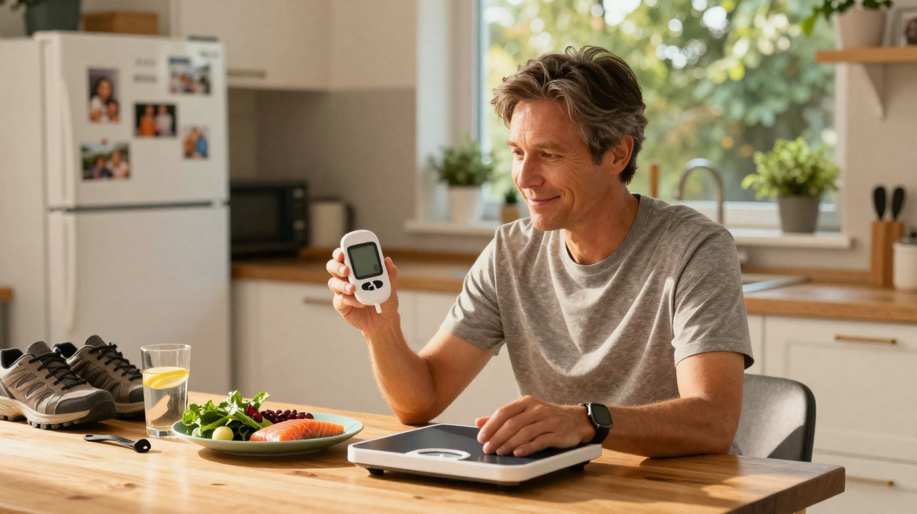 Homem sentado à mesa na cozinha segurando monitor de glicose com alimentos saudáveis à frente.