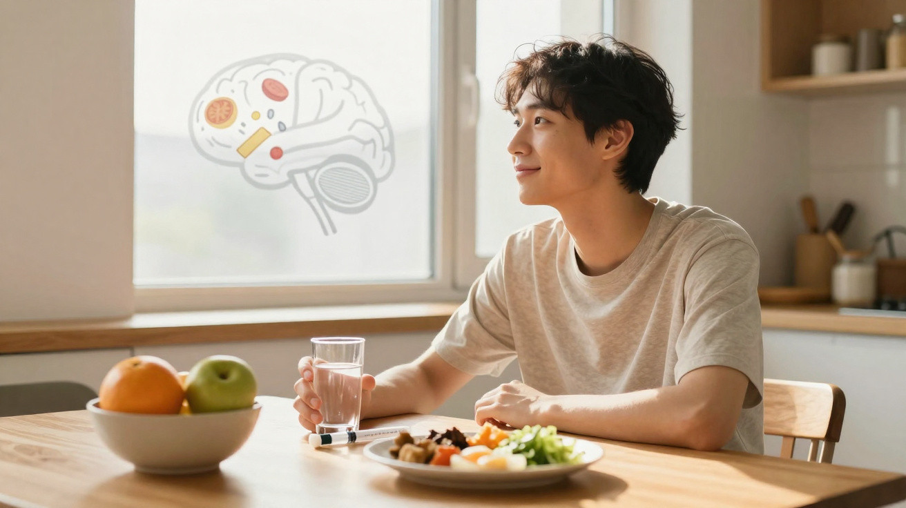 Jovem sentado à mesa com comida e água, olhando pela janela com ilustração de cérebro ao fundo.