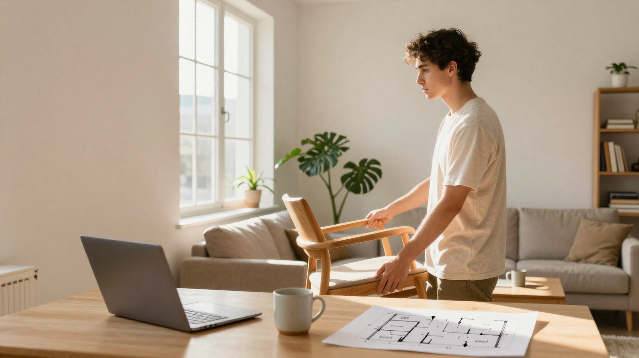 Jovem ajustando cadeira em sala clara com planta, sofá, planta, mesa com laptop, planta baixa e caneca.