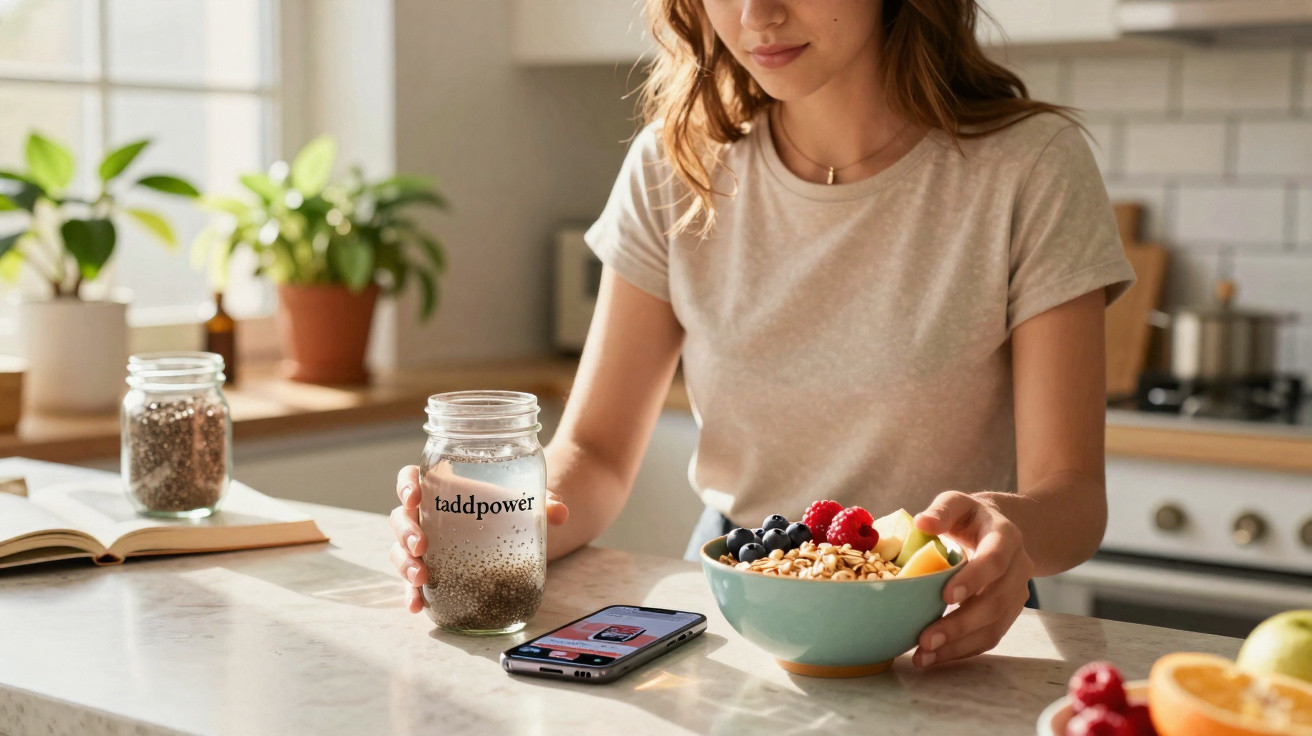 Mulher segura pote com chia e tigela de frutas na cozinha, com celular sobre bancada clara.