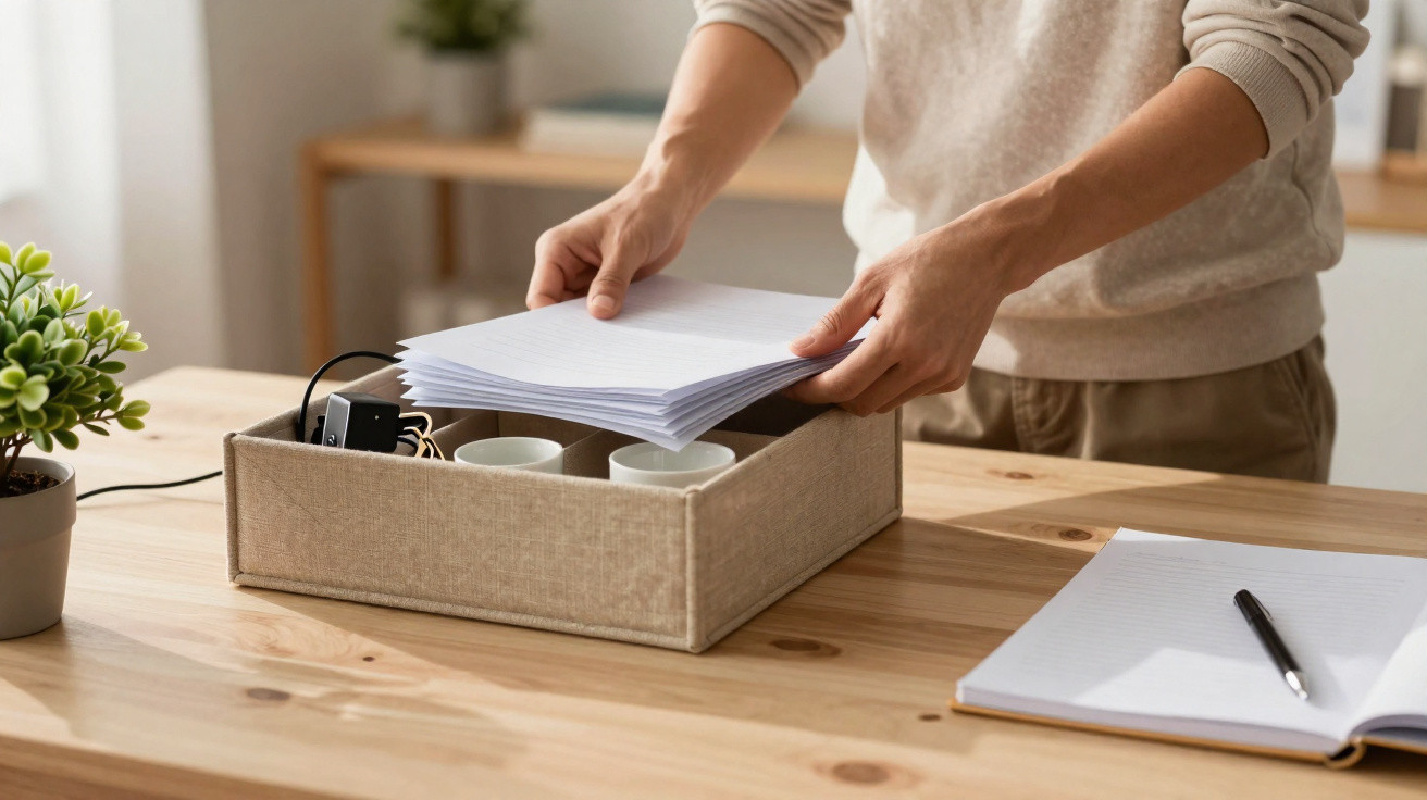 Pessoa organizando papéis em uma caixa organizadora sobre mesa de madeira com caderno e planta.