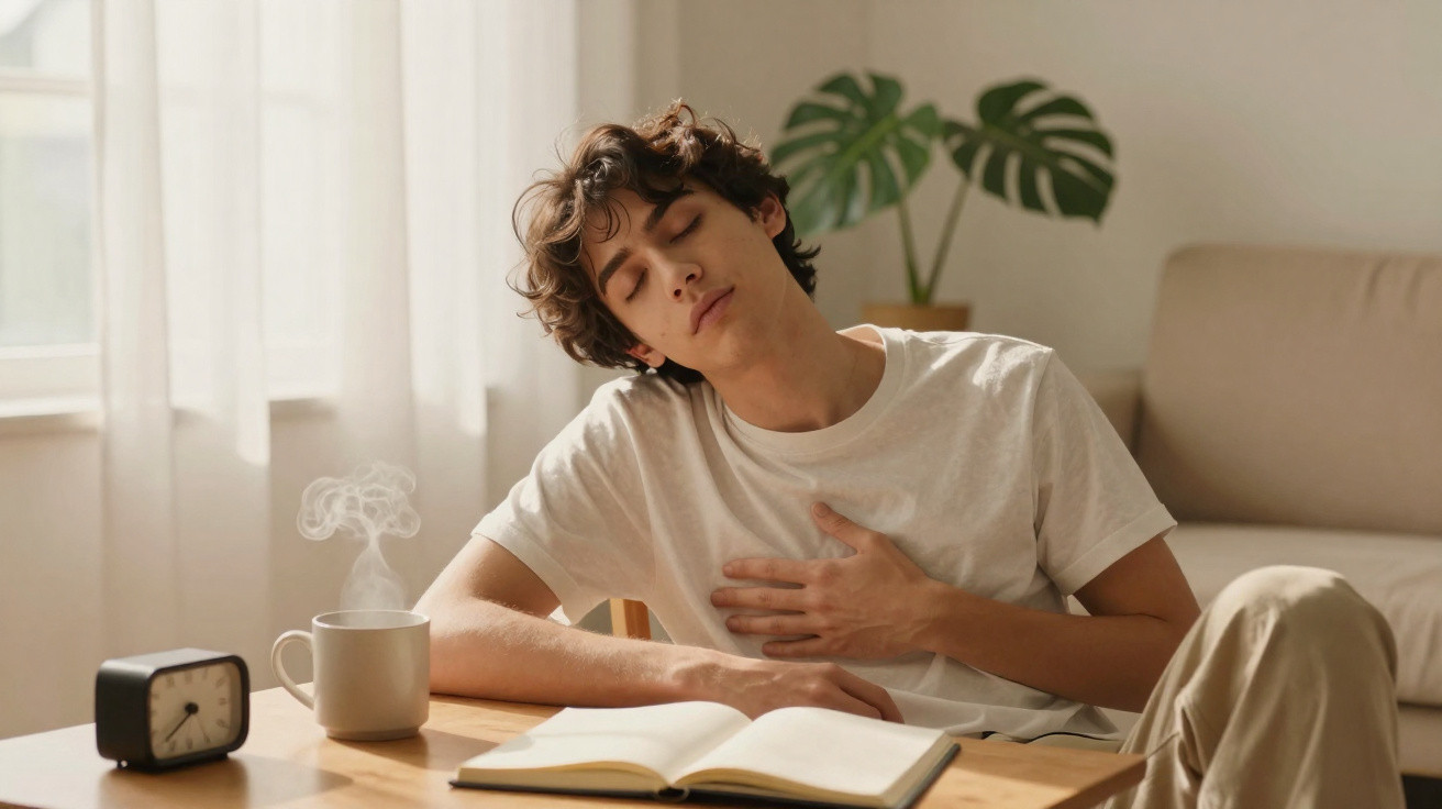 Jovem sentado à mesa com livro aberto, mão no peito, aparentando desconforto, com xícara de bebida quente ao lado.