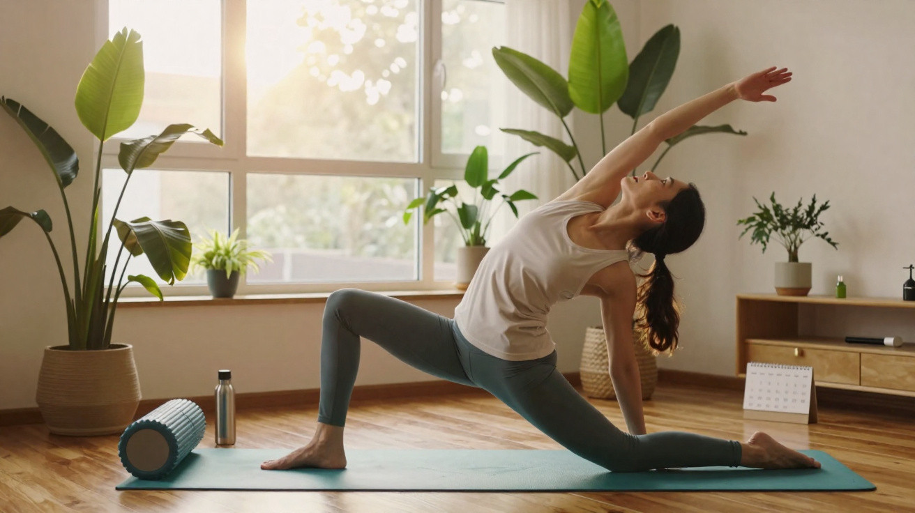 Mulher fazendo alongamento em tapete de yoga em sala iluminada e decorada com plantas.