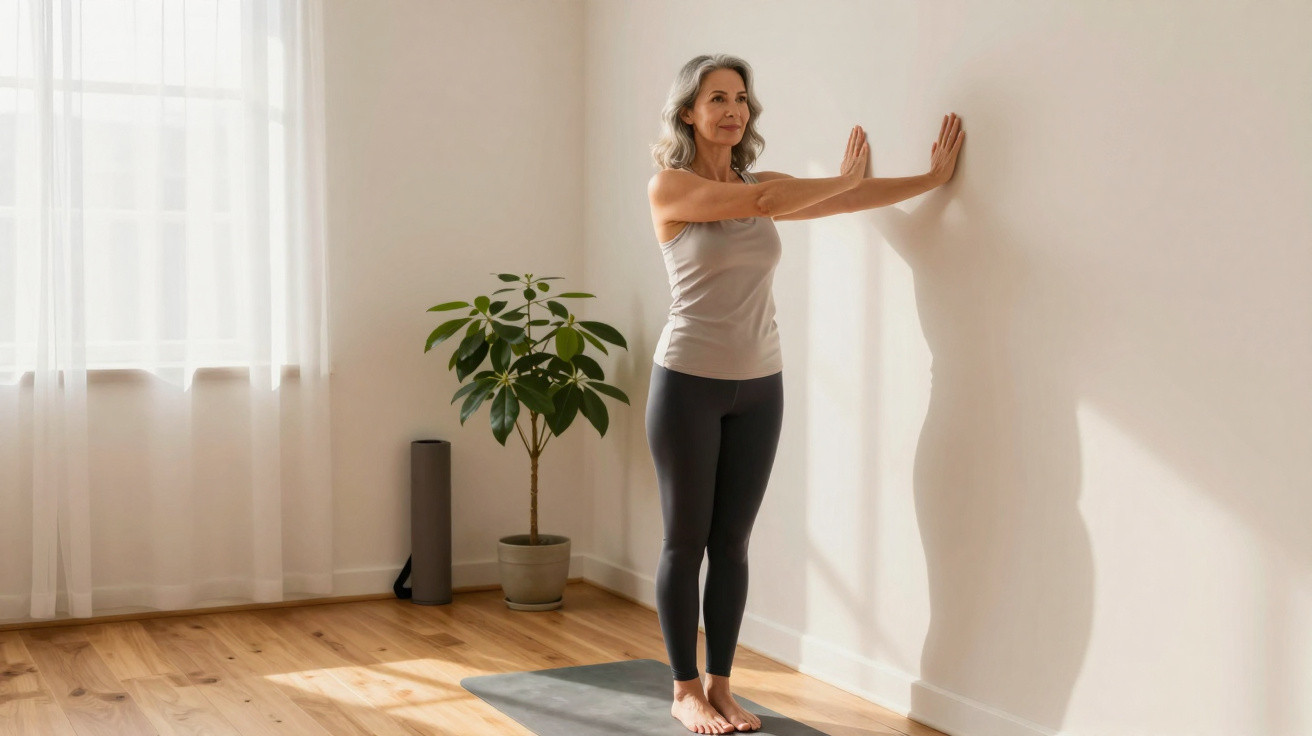 Mulher madura praticando yoga em casa, esticando os braços contra a parede em ambiente iluminado.
