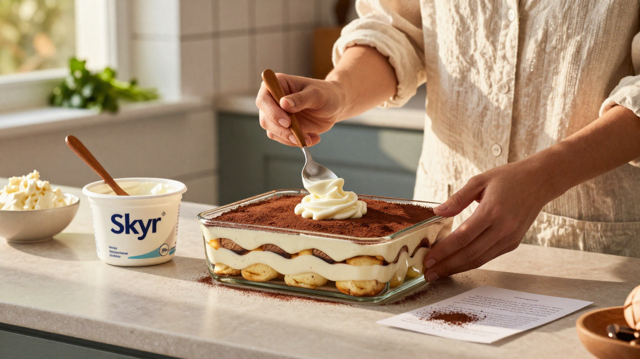 Pessoa decorando tiramisu com creme ao lado de pote de iogurte Skyr em cozinha iluminada.