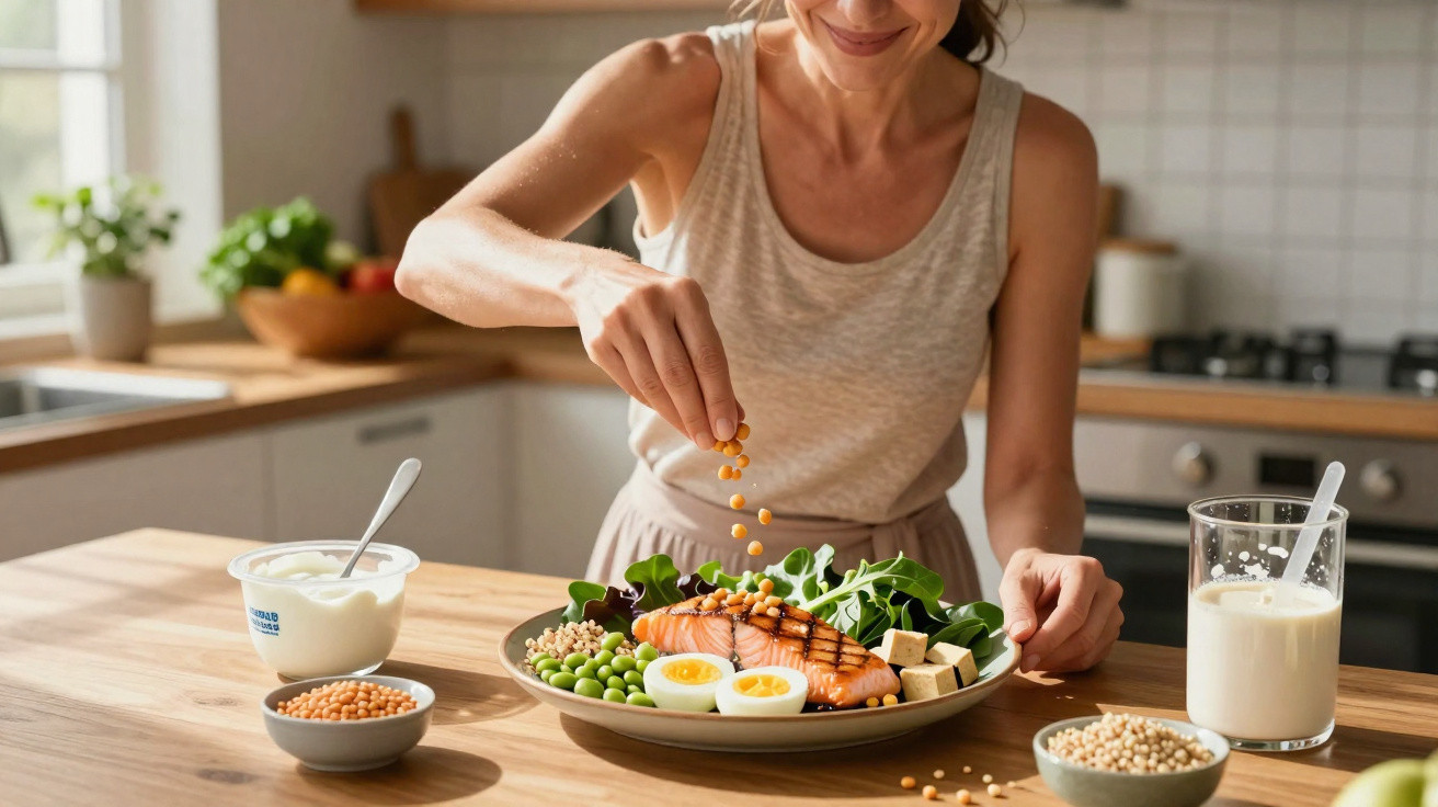 Mulher tempera salada com salmão grelhado, ovos, tofu e vegetais em cozinha iluminada.