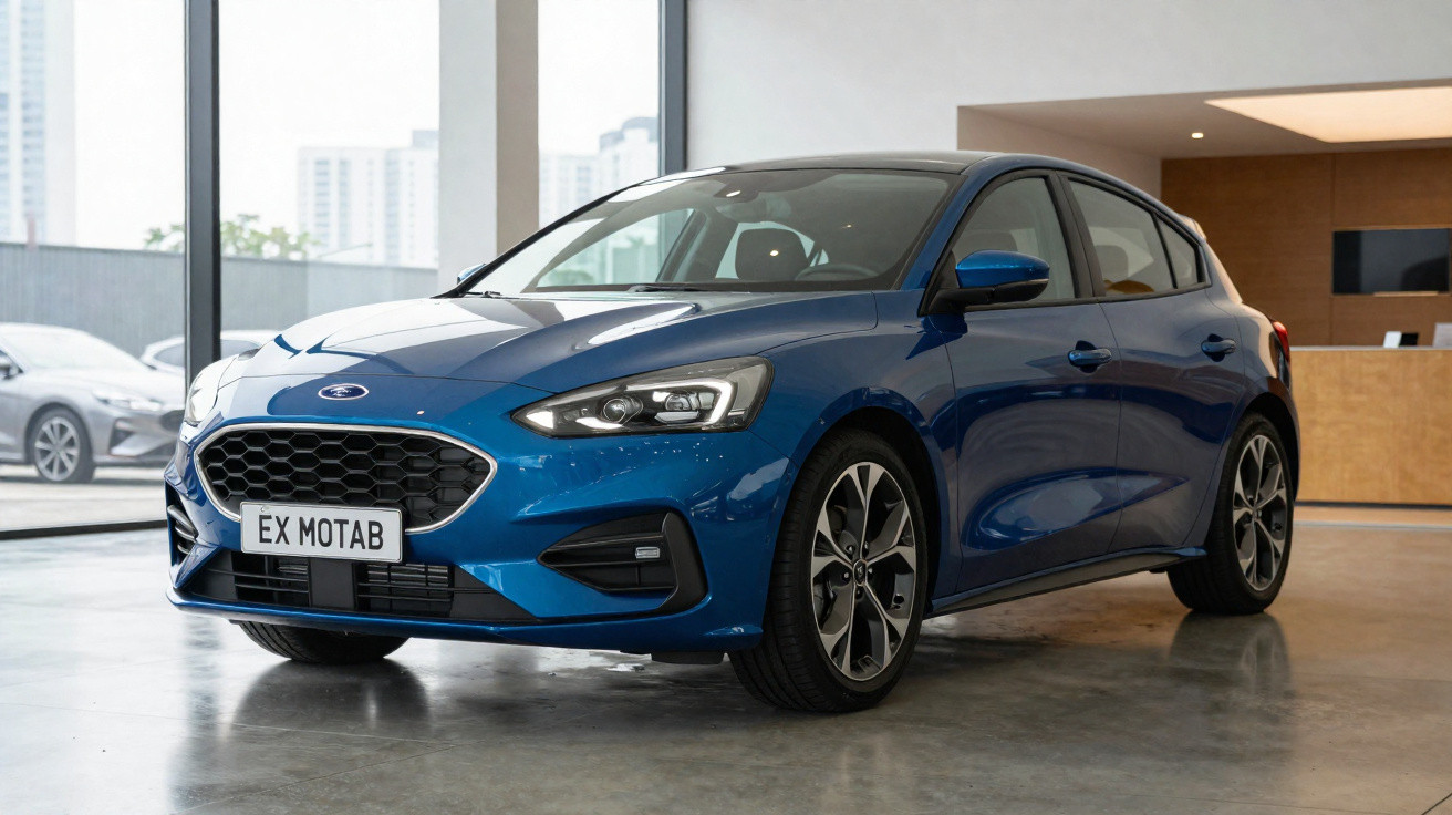 Carro hatch azul metálico estacionado em showroom com vidros amplos e piso brilhante.
