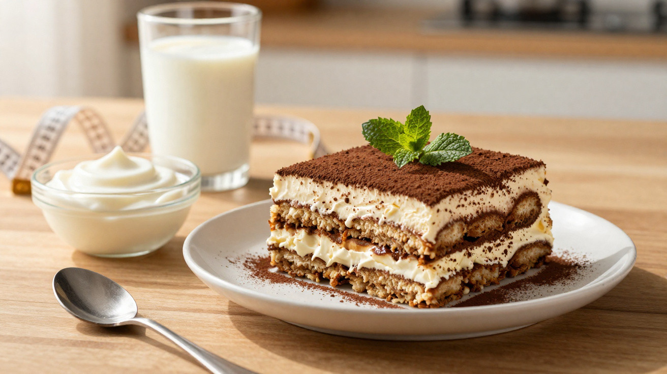 Fatia de tiramisu com cacau e hortelã no prato, ao lado de copo de leite e tigela com creme.