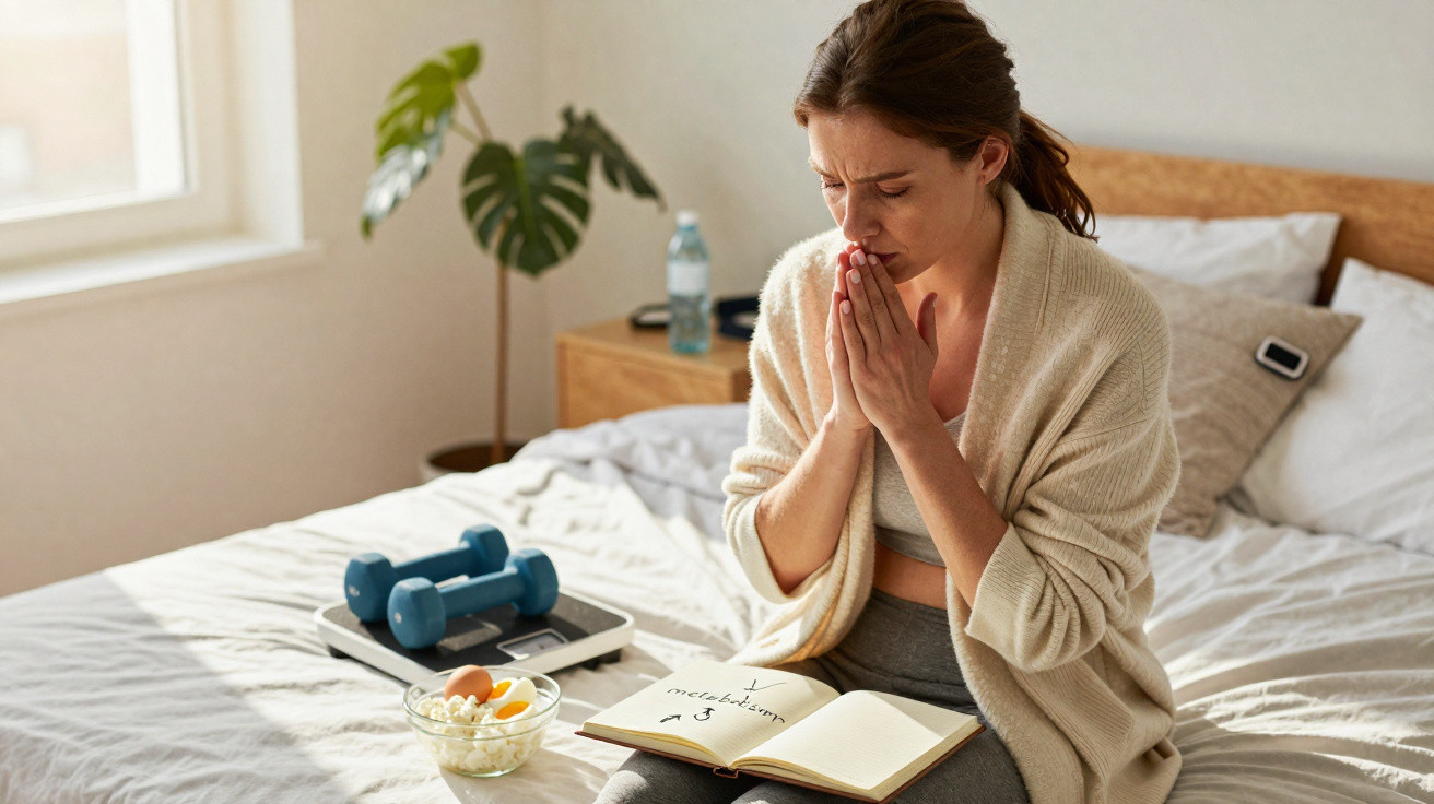 Mulher sentada na cama com expressão pensativa, olhando para um caderno aberto e abacate na mesa.