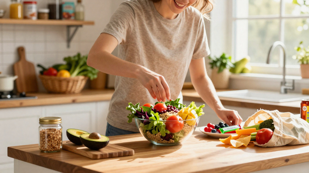 Mulher preparando salada com legumes frescos em cozinha iluminada com luz natural.