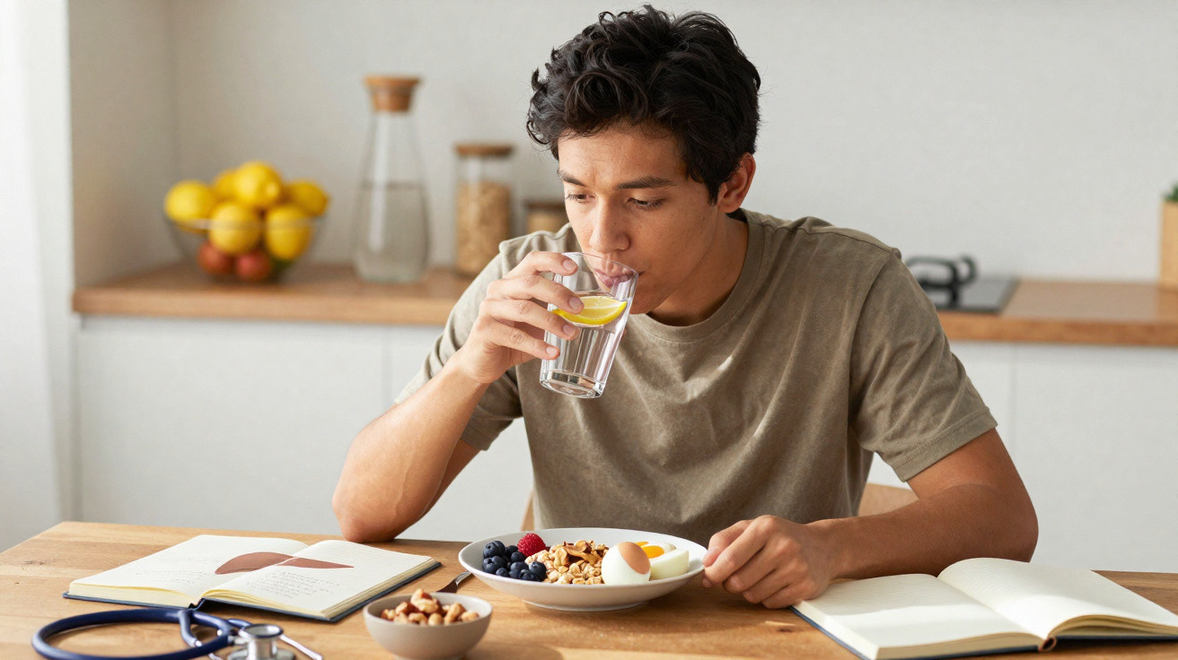 Jovem sentado à mesa bebendo água com limão e comendo café da manhã saudável na cozinha.