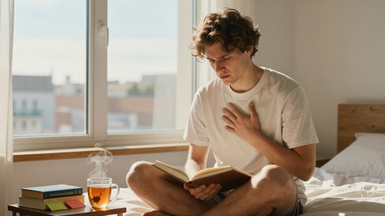 Jovem sentado na cama lendo livro e segurando o peito com expressão de desconforto.