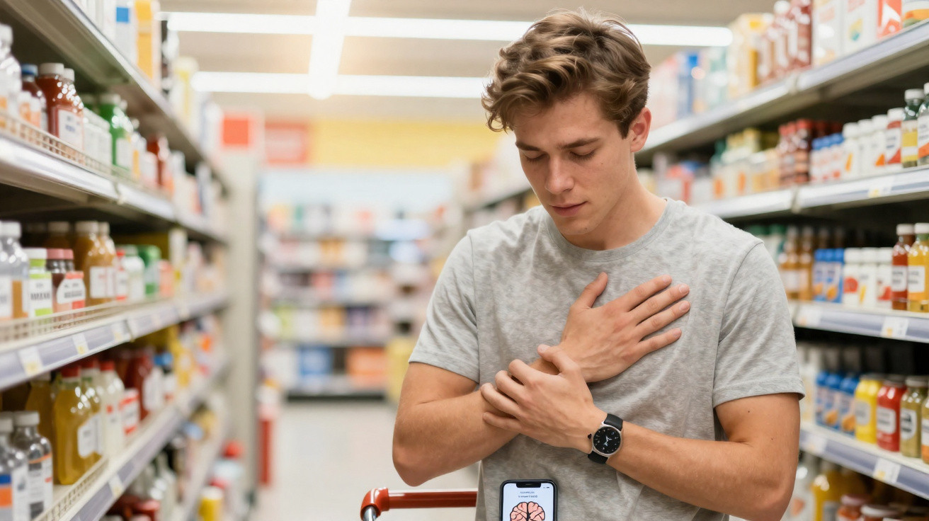 Homem jovem com expressão de dor segurando o peito e pulso em corredor de supermercado.