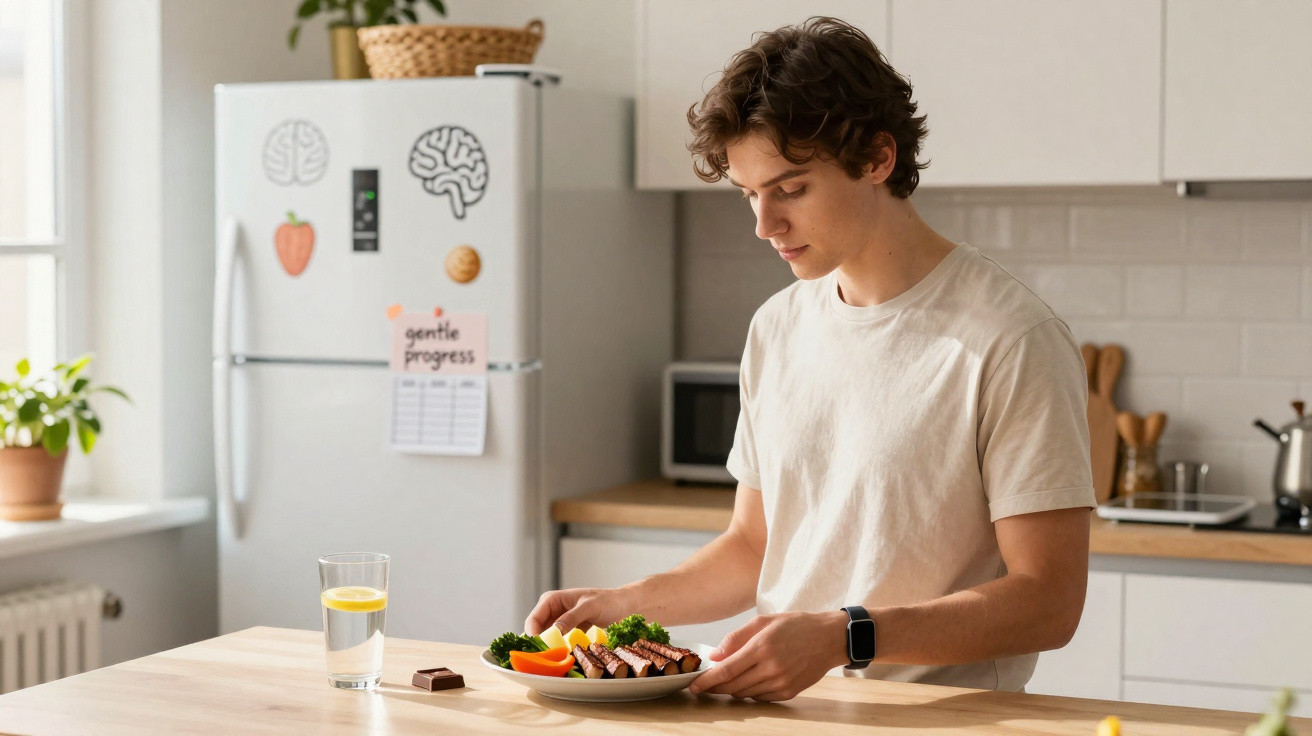 Jovem sentado à mesa em cozinha moderna com prato de comida saudável e copo de água com limão.