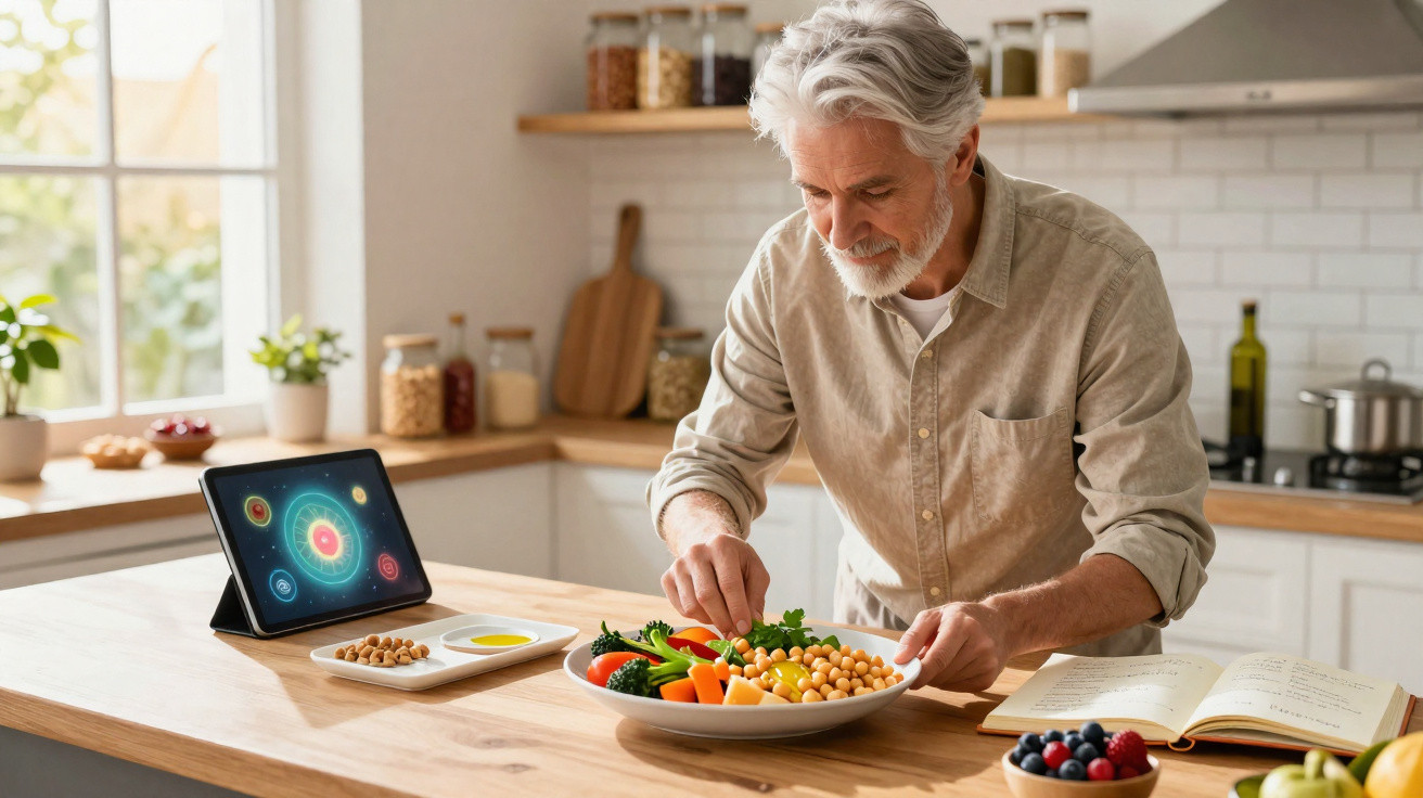 Homem idoso preparando salada saudável na cozinha, com tablet e livro aberto na bancada.