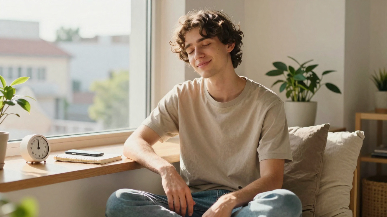 Jovem sentado de pernas cruzadas perto da janela, relaxado, com plantas e relógio ao fundo.
