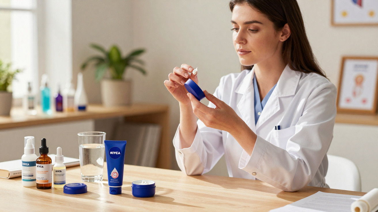 Mulher com jaleco branco analisando frasco de creme em mesa com produtos Nivea e copo d'água.