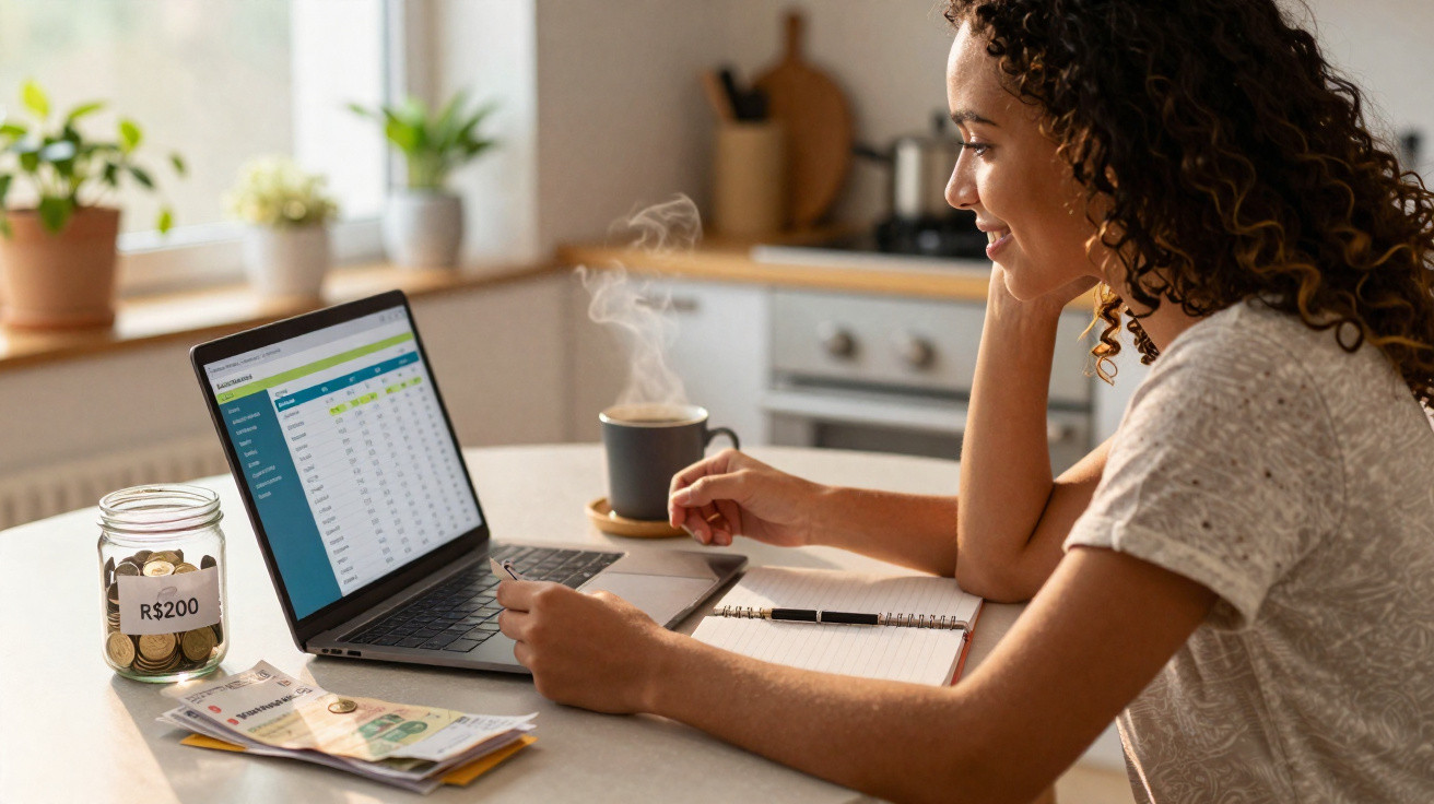 Mulher analisando finanças no notebook, com cofrinho, dinheiro e café em mesa de cozinha iluminada.